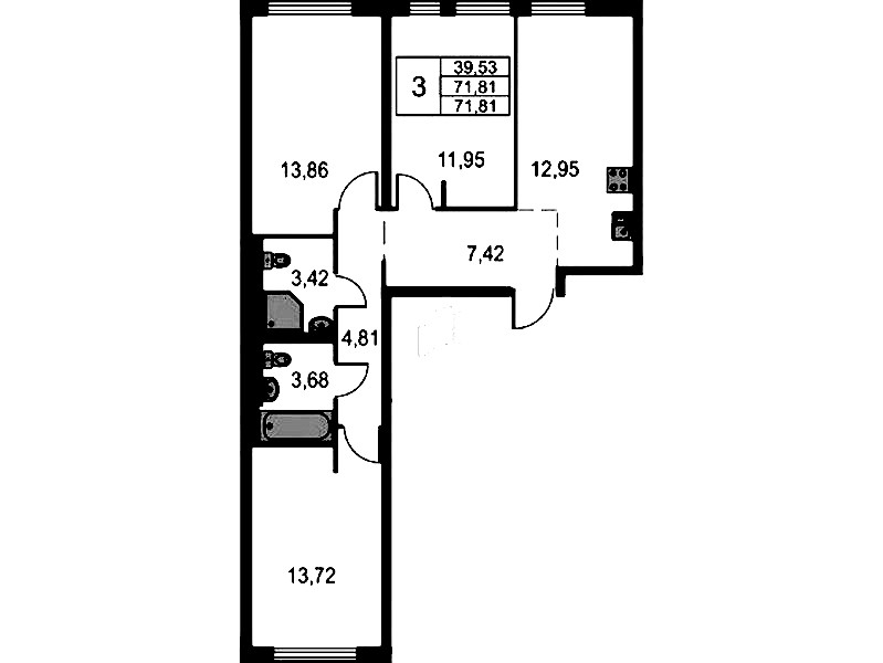 3-комнатная квартира 71.81 м², 1/15 эт., ЖК «Невская Долина»